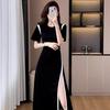 Large size women's clothing slim medium and long skirt summer daily commuting temperament women's clothing round neck split waist dress women