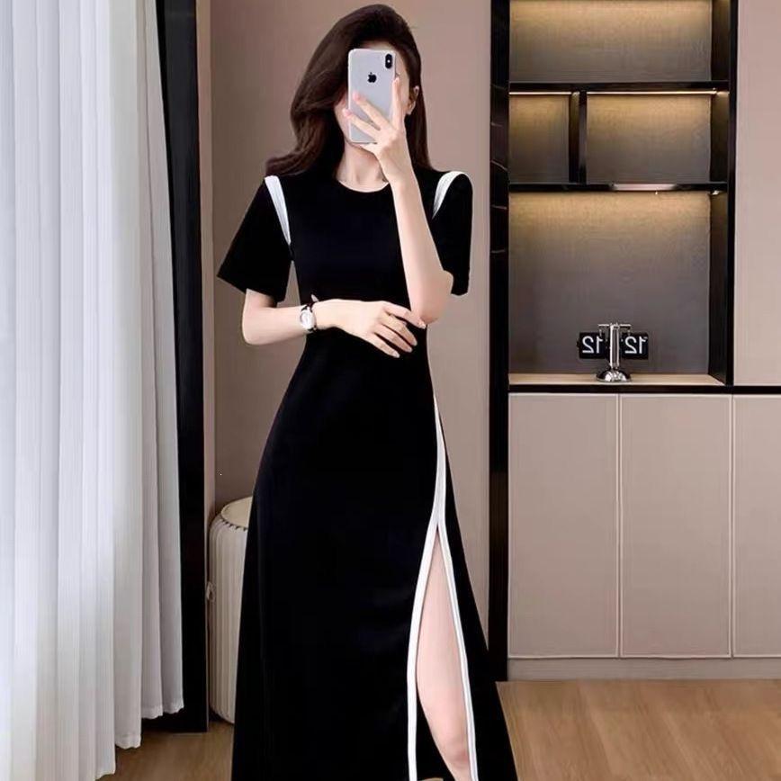 Large size women's clothing slim medium and long skirt summer daily commuting temperament women's clothing round neck split waist dress women