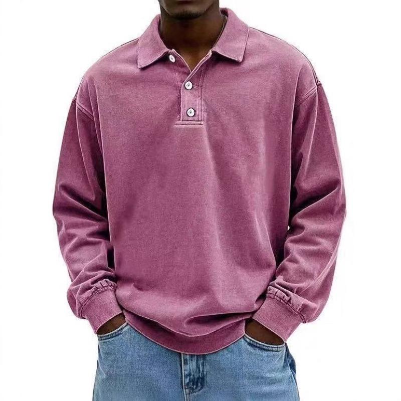Mens Washed Long Sleeve Polo Shirt Casual Spread Collar Solid Color Loose Fit Pullover Top