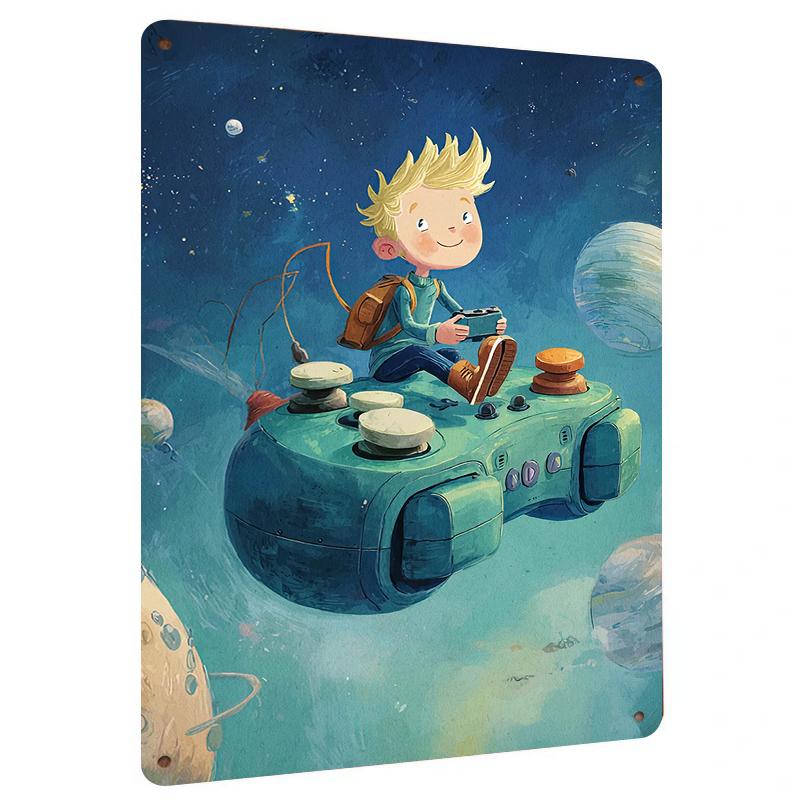 

Boy Riding Game Controller in Space Creative Metal Wall Art for Kids Room Decor 20x30cm（7.8x11.8inch）
