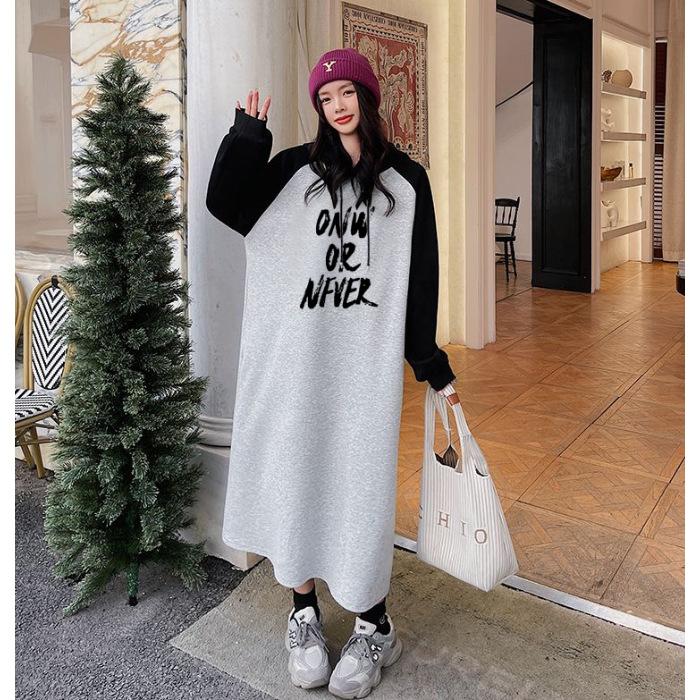 

YYFS Женская мода Осень Зима Длинный рукав С капюшоном Свободная талия Повседневные платья XL серый