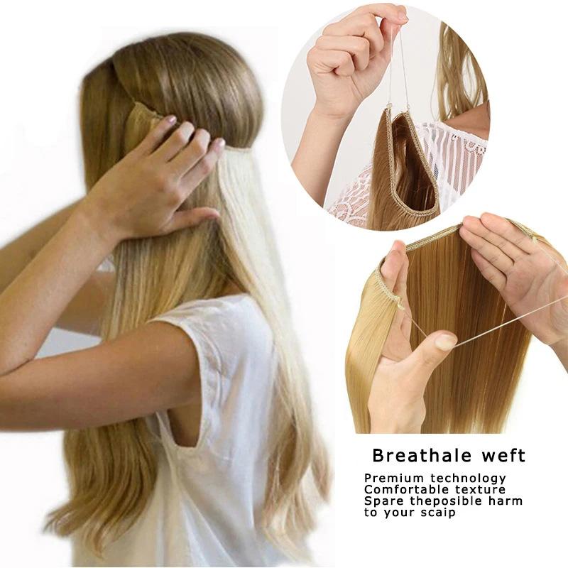 Invisible Wire Hair Extensions 22 Inch Halo Hair Extension Long Wavy Synthetic Hairpiece with Transparent Wire Adjustable Size Clips for Women