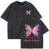 T-shirts Lavés Imprimé Papillons Aiment les Fleurs pour Femmes Coton Oversize T-shirt d'Été Col Rond Manches Courtes Hauts Vêtements