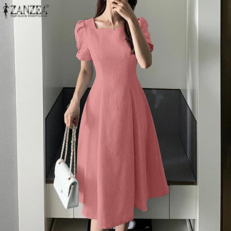 ZANZEA Women Casual Square Collar Short Sleeve Summer A-line Dress