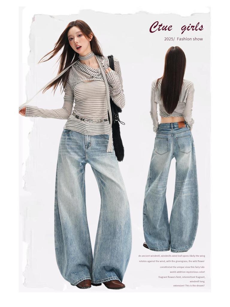 Women's Retro Washed Low Waist Wide Leg Jeans - Autumn Winter Collection