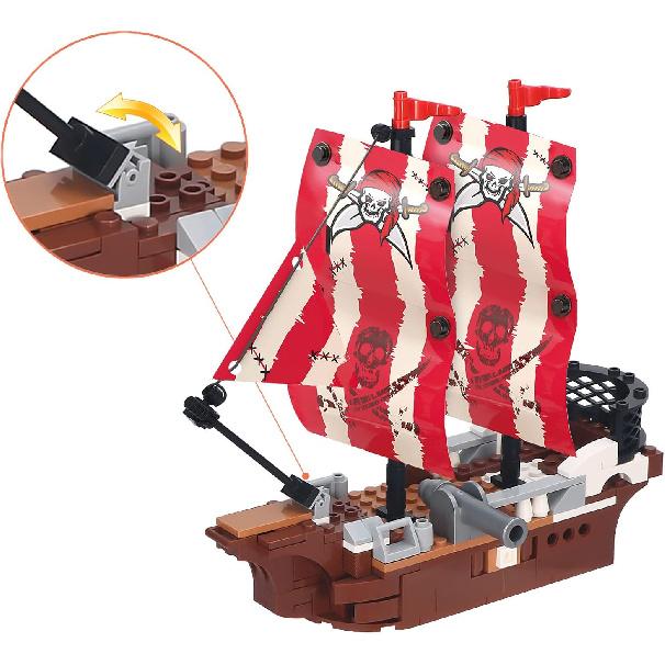 3in1 Pirate Ship Building Set with Treasure Island, Toy Pirates Island Building Kit, Outpost with Slide and Seesaw, Creative Playset Pirates Themed