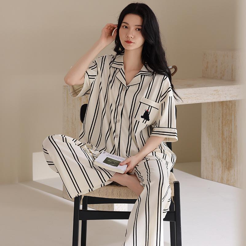 pure cotton pajamas women's summer short-sleeved trousers cartoon panda striped suit can be worn outside cotton loungewear in summer