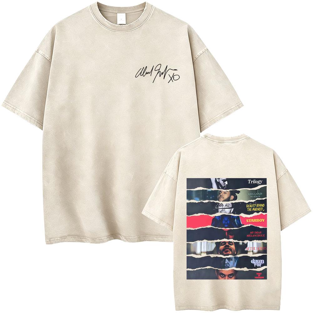 Vintage Gewaschen The Weeknd Starboy Album Grafik T-Shirt Herren Damen Hip Hop Mode Popmusik T-Shirts Männlich Lässig Baumwoll-T-Shirts