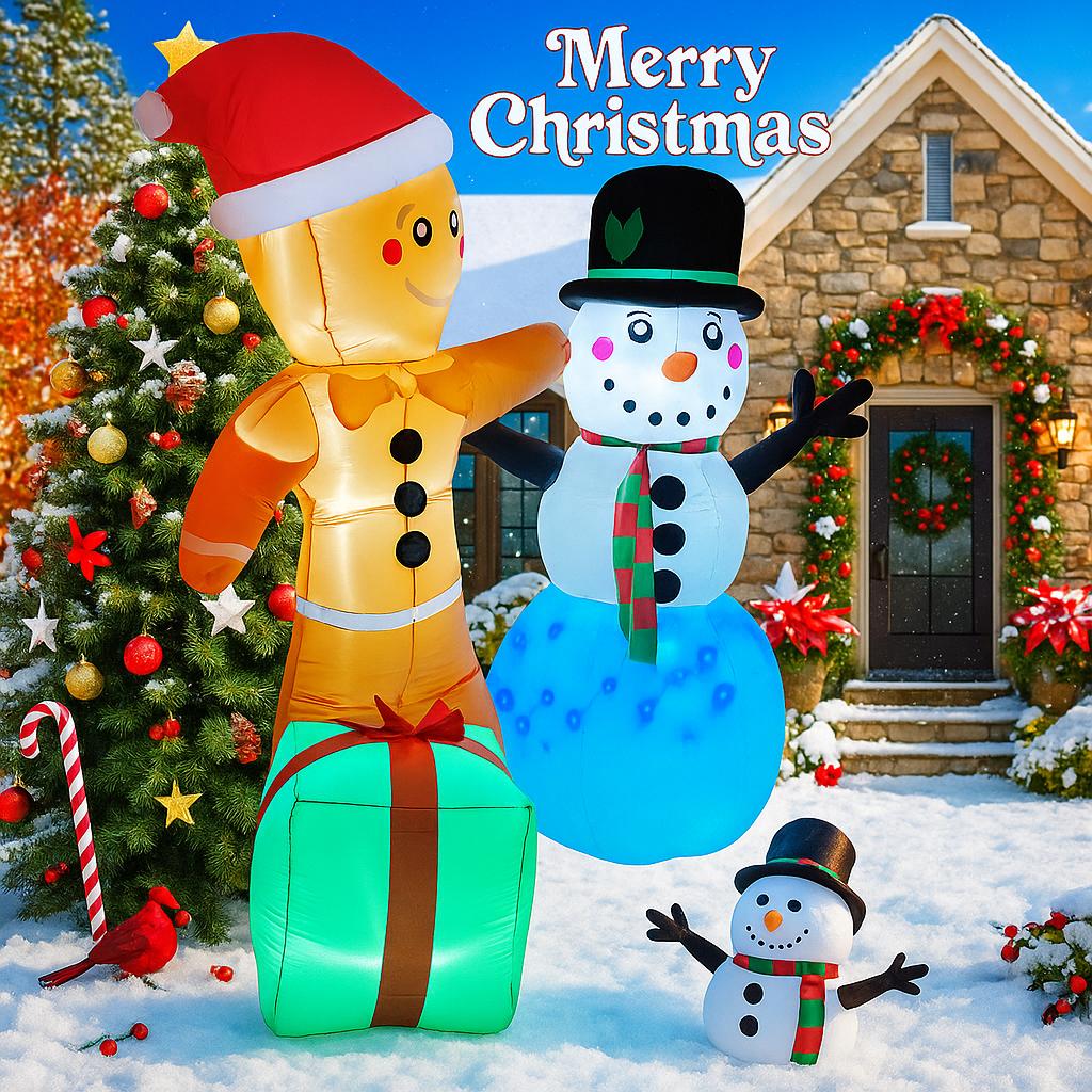 5.9FT LED Inflatable Yard Decor Gingerbread Man Snowman Toy Xmas Home Decorations Ornaments Supplies Gifts Christmas Holiday