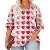 Women's Fashion Casual  Printed V-Neck Pleated Seven Minute Sleeve Ruffle Sleeve T-Shirt Plus Size Tops
