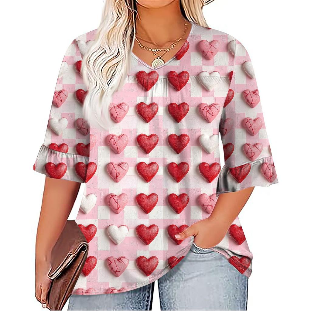 Women's Fashion Casual  Printed V-Neck Pleated Seven Minute Sleeve Ruffle Sleeve T-Shirt Plus Size Tops
