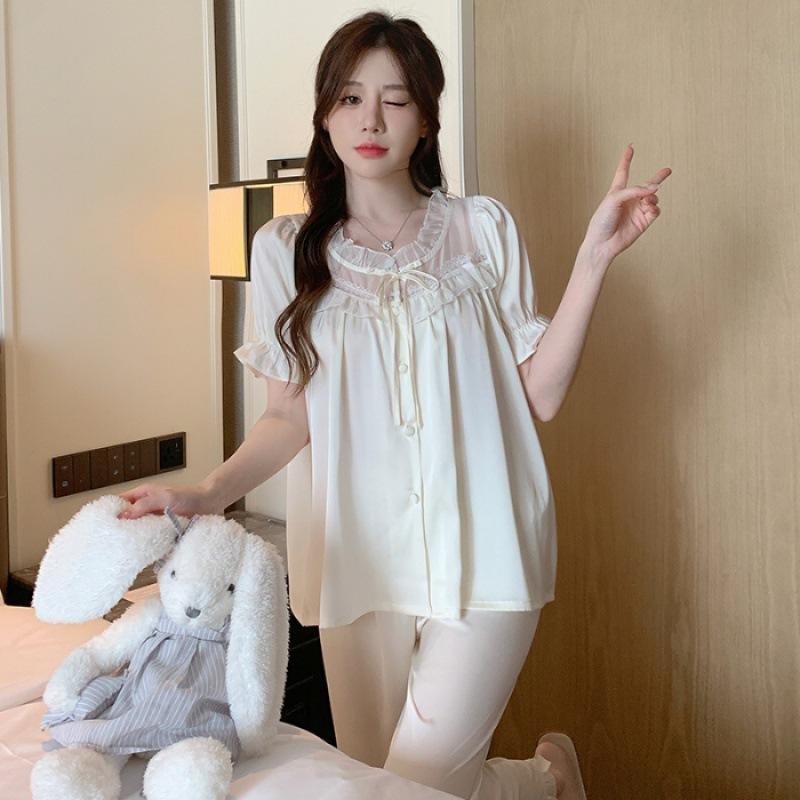 French Court Style Ice Silk Pajamas Women's Summer Sweet High-end Short-sleeved Trousers Set Sweet and Cute Loungewear