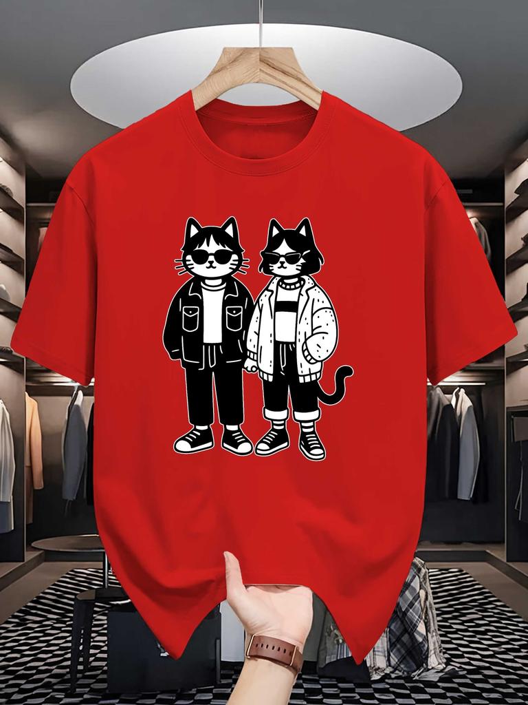Unisex Crew Neck Tee Cool Couple Cats Streetwear Graphic Print Soft Cotton Loose Breathable Short Sleeve Summer Casual Street Tops
