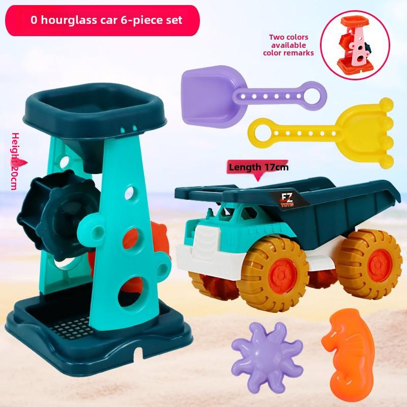 Strandspielzeug-Set für Kinder: Sandwerkzeuge, Sanduhr, Spielzeugauto und Eimer