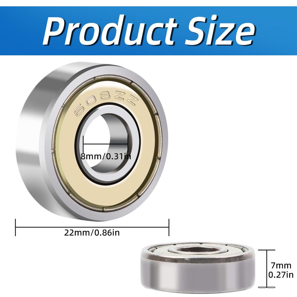 10 sztuk 608 ZZ Łożyska Kulkowe 608ZZ Metalowe Podwójnie Osłonięte Miniaturowe Kuliste Łożyska Głębokiego Rowka do Deskorolki 8mm X 22mm X 7mm