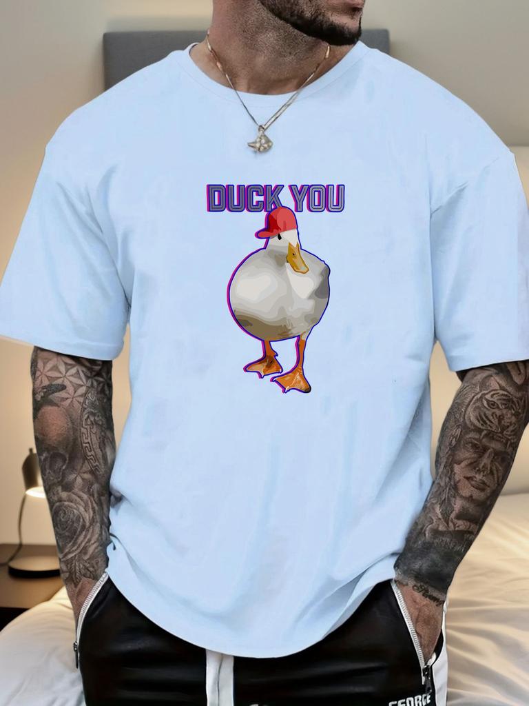 Mens Funny Duck Graphic Cotton TShirt DUCK YOU Red Hat Duck Pattern Short Sleeve Breathable Comfort Fit Casual Daily Wear Top
