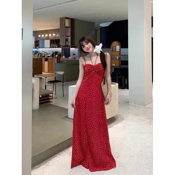 Floral dress dress women s summer spice a word skirt suspender skirt seaside long S