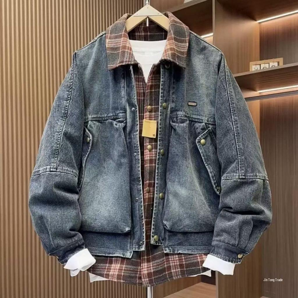 Men's 2025 Winter Lapel Denim Plaid Patchwork Down Jacket - Two-Piece Look, Thick & Warm Outerwear