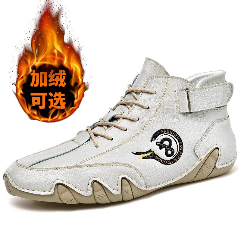 

Large size hand-sewn shoes casual men s shoes medium help Velcro velvet warm retro driving shoes 46