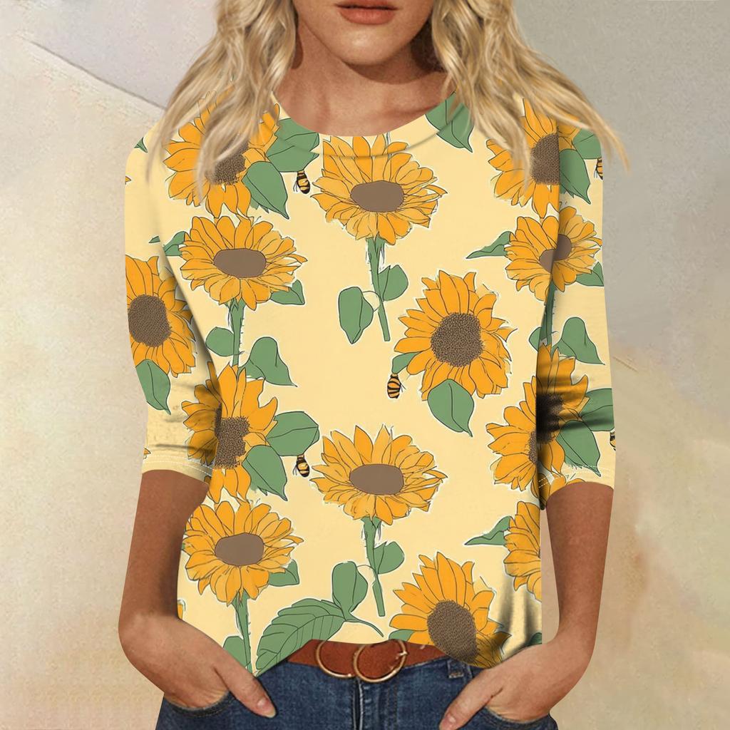 Top T-shirt casual alla moda da donna con scollo rotondo, manica a tre quarti e stampa