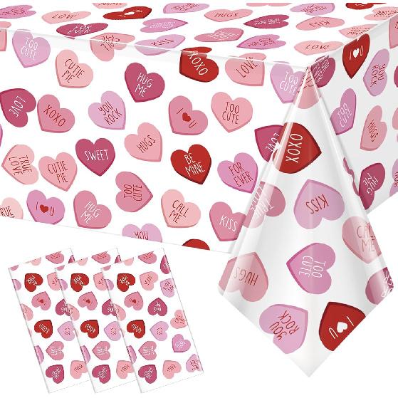 3 Pcs Valentines Day Tablecloth, Pink Love Heart Plastic Table Cover, Valentines Disposable Rectangle Table Cloth for Valentine’s Day Wedding