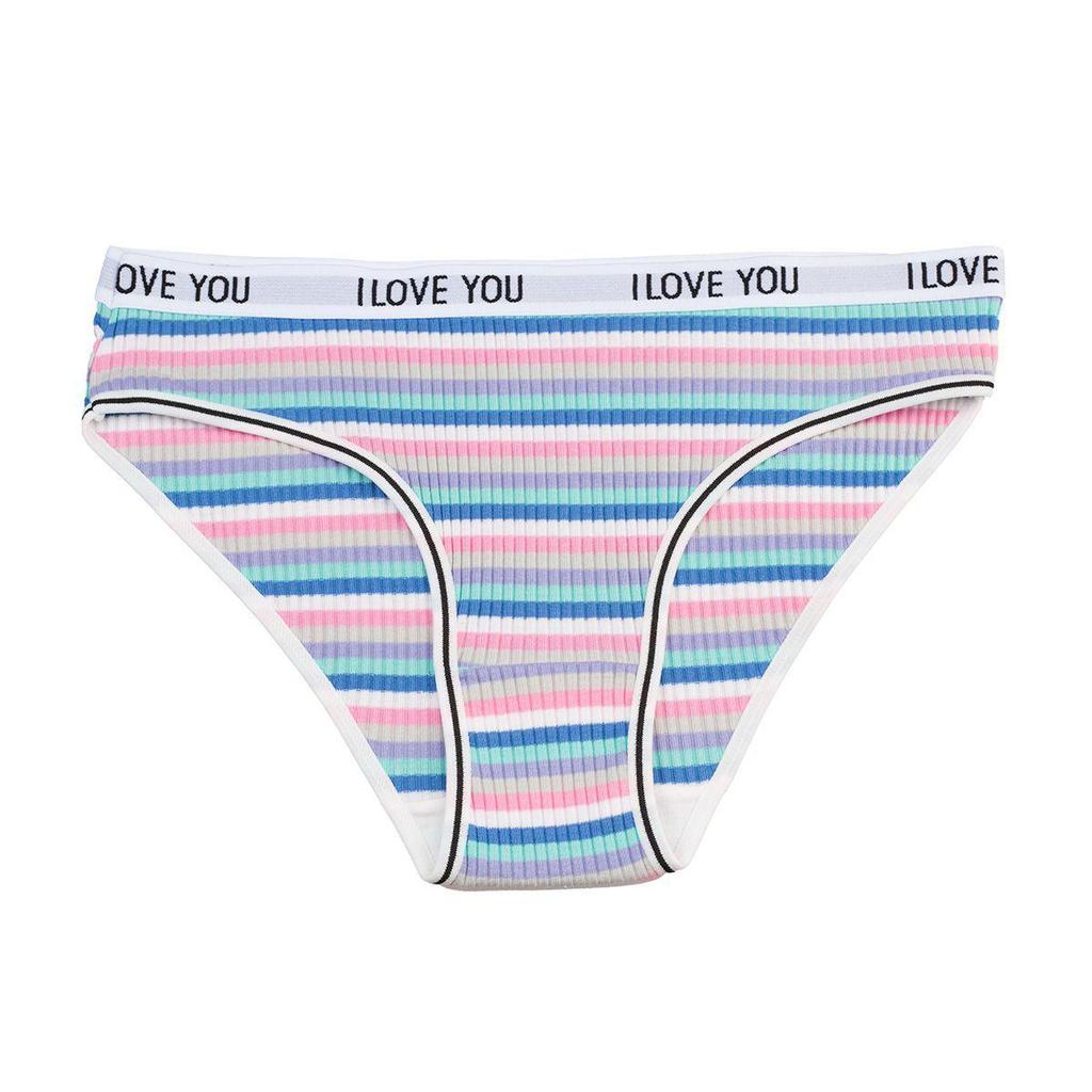 Women's Pure Cotton Ribbed Low Waist Panties: Colorful Letter, Breathable, Double-Layer Crotch, Striped Design for Girls.