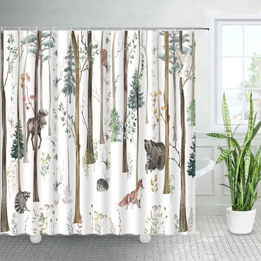 Winter Skiing Shower Curtain Set Modern Ski Station Snow Mountain Pine Tree Forest Bath Curtains Blue Christmas Bathroom Decor