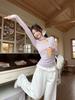 Women's Spring Wind Collar Long-Sleeve Ribbon Two-Piece Design T-Shirt