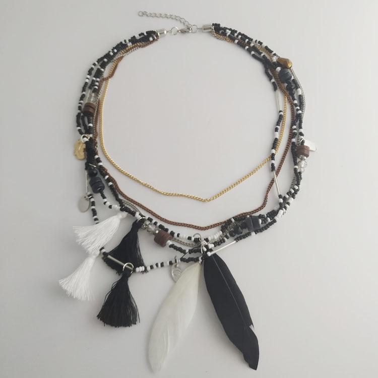 Bohemian Multi-layer Beaded Feather Necklace - Handmade European & American Style Jewelry