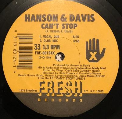 12inch Record HANSON & DAVIS - Can't Stop FRE80124 Fresh Records 1988 US Dance & Electronica Used