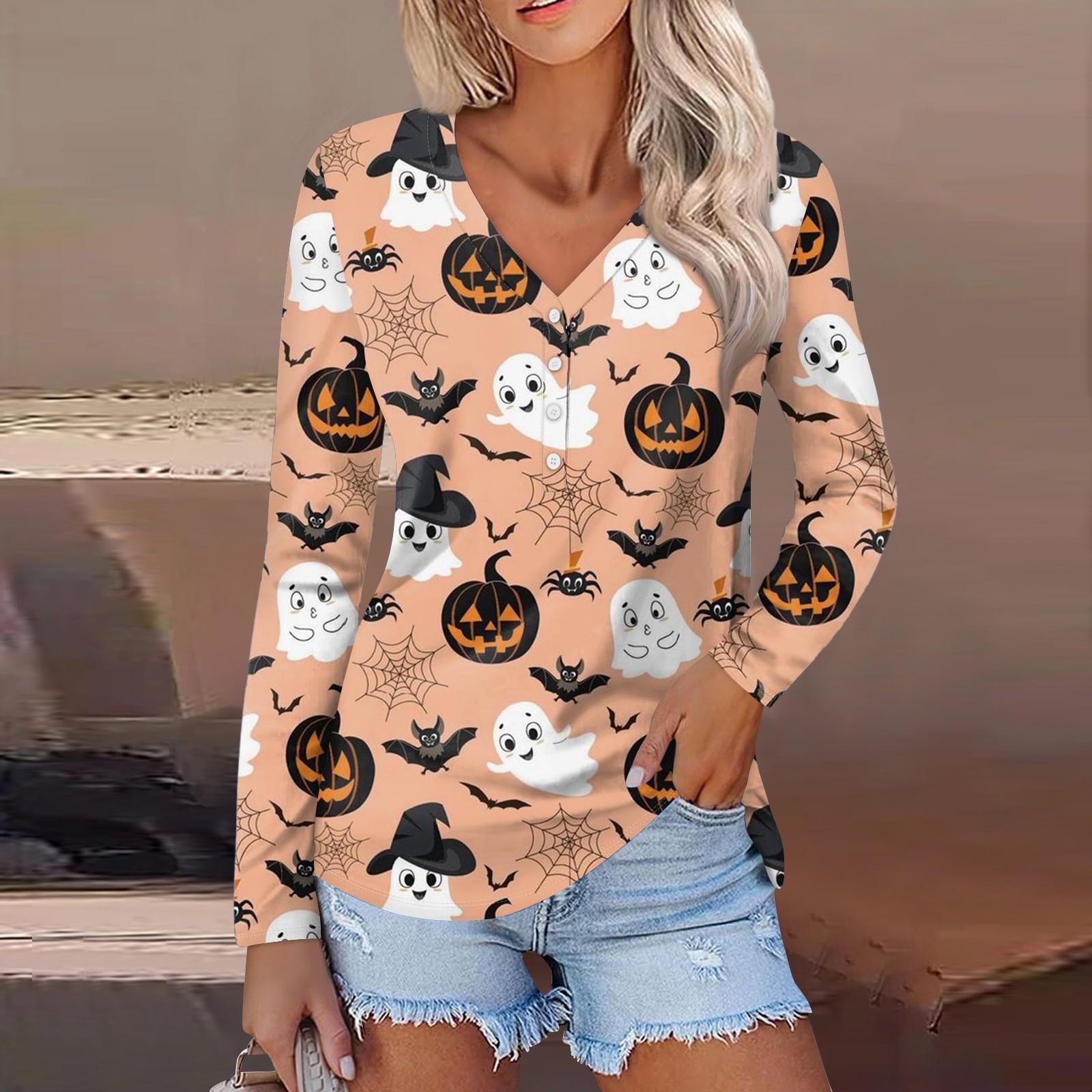 

Женская повседневная мода, сексуальный комфорт, Хэллоуин с принтом и v-образным вырезом, пуговицы, длинный рукав XXL шафрановый