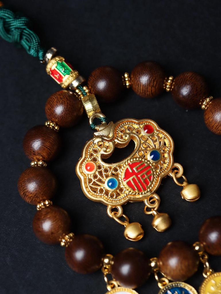 Fuson Red Soil Agarwood Car Pendant with God of Wealth & Peace Lock - Sinking Grade Beads Jewelry