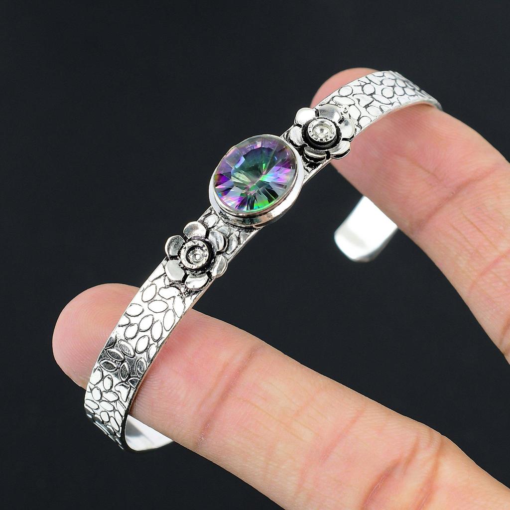 Sisters Day Deal Sterling Silver Oval Rainbow Mystic Topaz Stone Bangle Jewelry