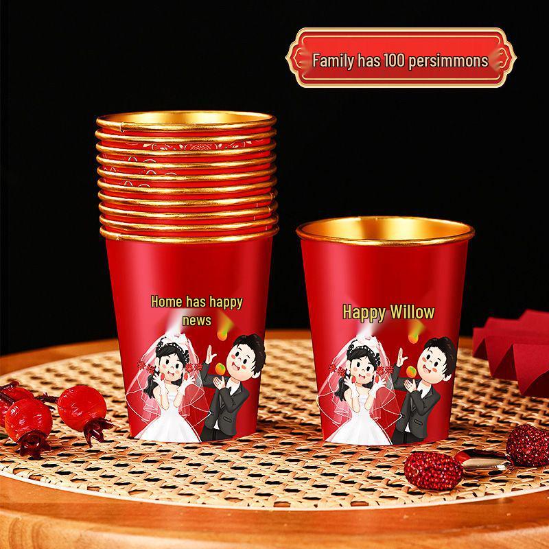 Luxurious Gold Thickened Disposable Wedding Cups - Elegant Red Tea Cups for Banquets & Household Use