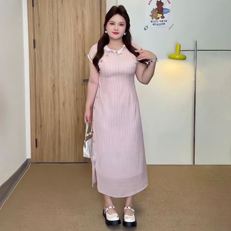 Plus-Size Women s Clothing for Fat Girls, New Chinese-Style Lace Striped Cheongsam Short-Sleeved Dress, 2026 Summer Slimming and Elegant Dress Pink L