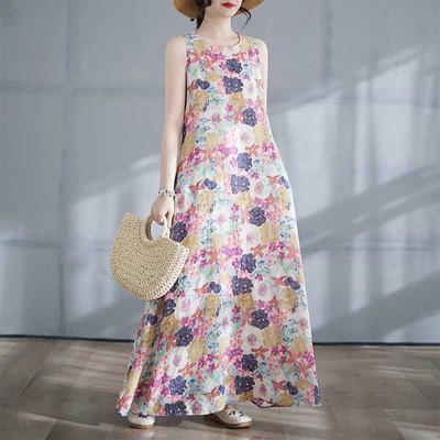 Saia Longa Feminina Verão Vestido Estampado de Gola Redonda