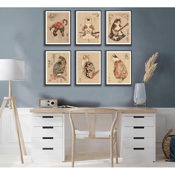 6Pcs Japanese Samurai Cat Wall Art Prints of Posters Japan Bushido Decor Kung Fu Paintings Tattoo Funny Fantasy Photo Picture Canvas Poster Painting