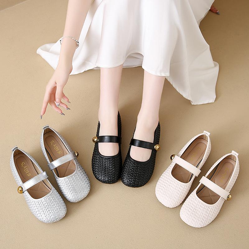 2025 summer new woven Mary Jane shoes soft sole with skirt wear single shoes popular French fairy style small leather shoes