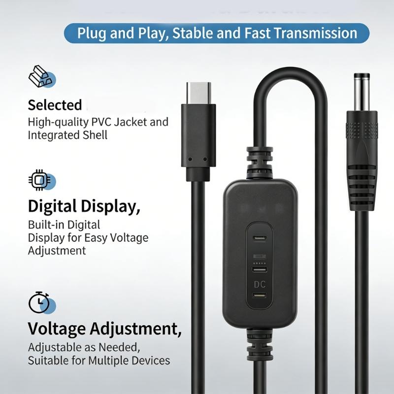 Universal Type C PD60W To DC5525 Boost Cable Adjustable Voltages From 5V To 20V For Multiple Devices