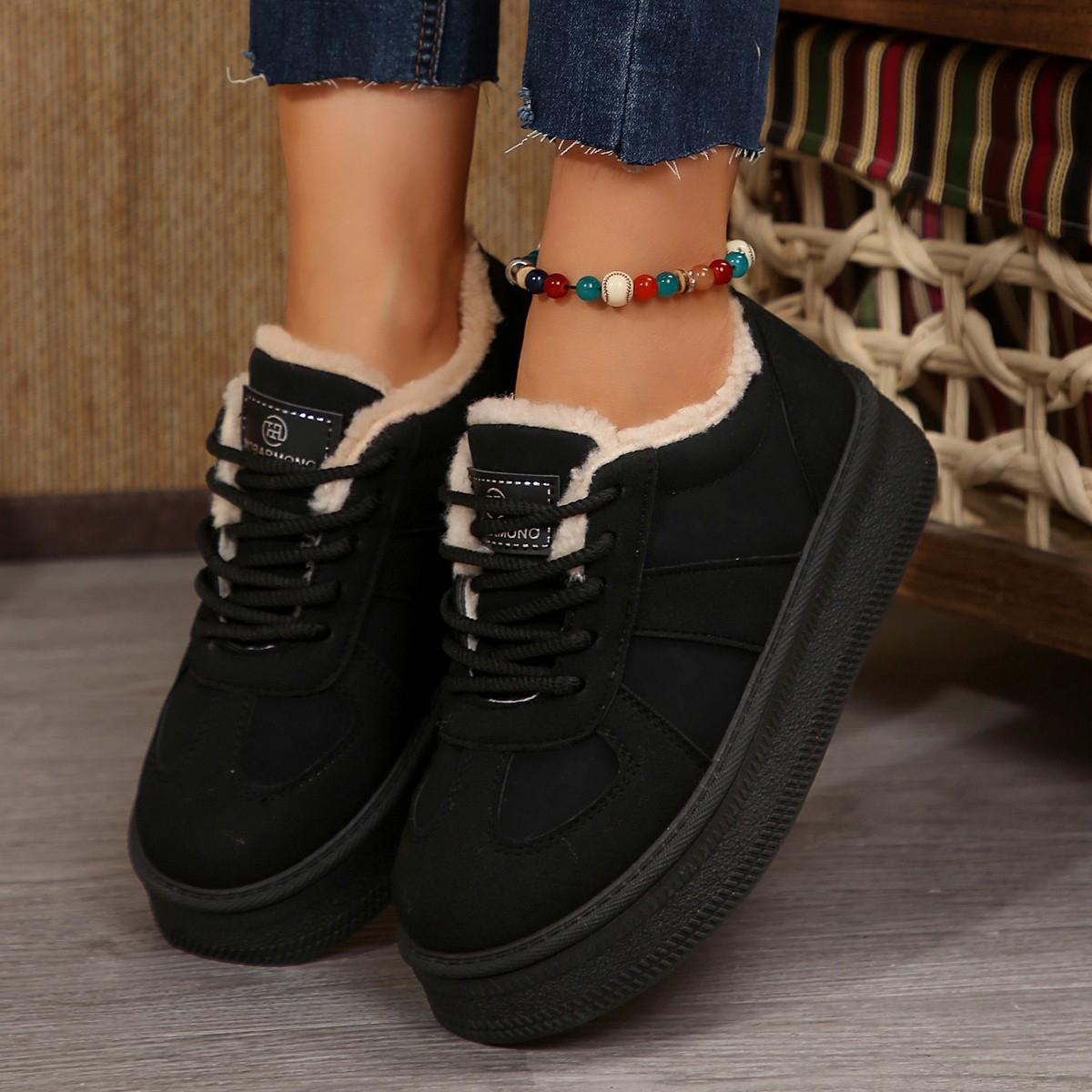 

Модные осенне-зимние теплые кроссовки на платформе женские повседневные на шнуровке нескользящие хлопковые туфли женские 2025 ботильоны до щиколотки из искусственной замши Mujer 35 чёрный