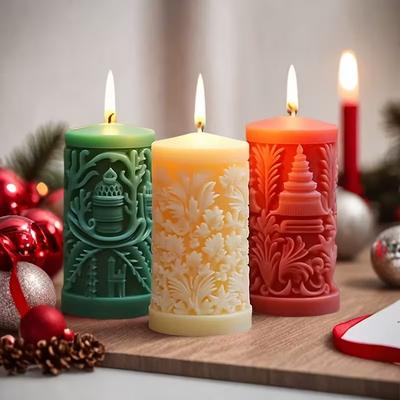 Christmas Cylinder Silicone Mold Set with 3DSnowflake and Pine TreeDesign for DIYAroma Candles Wax Resin Epoxy Craft Gift Making