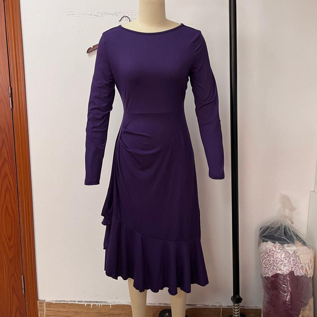 Herbst Winter elegant einfarbig locker Maxikleid O-Ausschnitt Langarm Rüschen A-Linie Partykleider für Damen Kleidung lila vestidos