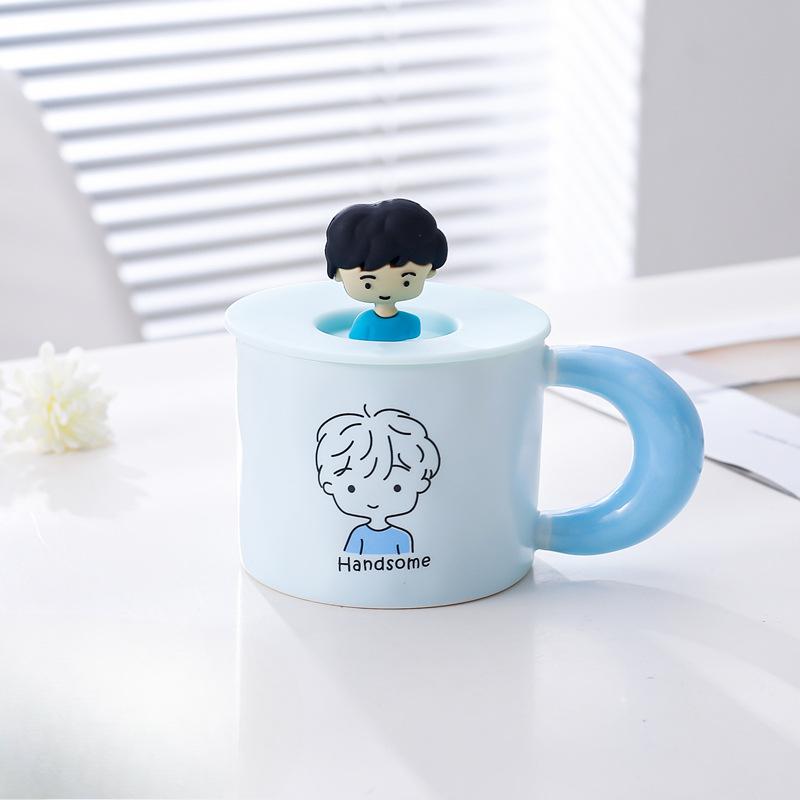 Korean Cute Cartoon Character Mug Pink Girl Heart Ceramic Cup Water Cup with Lid Coffee Cup Couple Cup