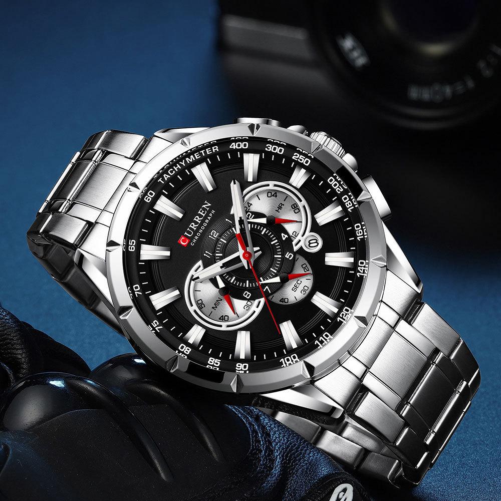 CURREN 8363 Men's Waterproof Quartz Steel Band Watch with Multifunctional Seven-Needle Design and Calendar/Weekday Display.