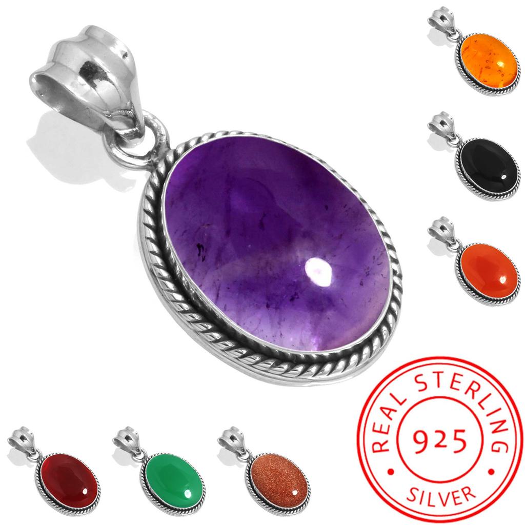 925 Sterling Silver Pendant Women Gemstone Handmade Jewelry Engagement Gift Amber Amethyst Black Onyx Carnelian Garnet Quartz Green Onyx Gold Stone