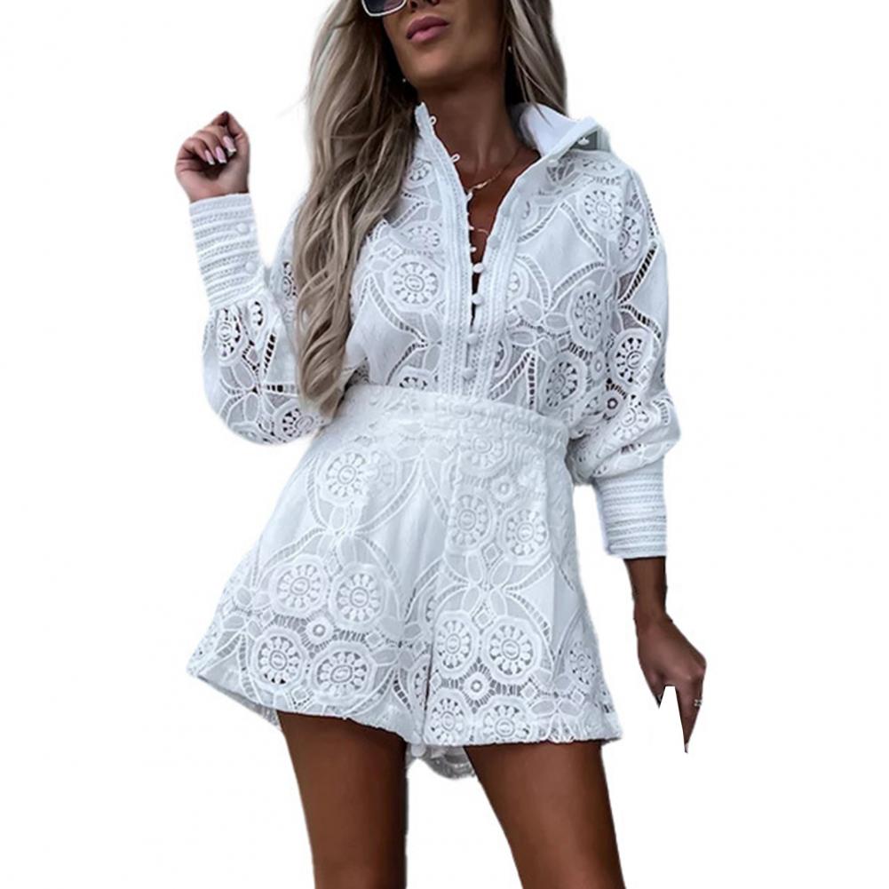 Summer Solid Color Casual  2Pcs/Set Women Outfit Blouse Long Sleeve Single Breasted High Waist Embroidery Hollow Lace Shirt Wide Leg Women Shorts Set
