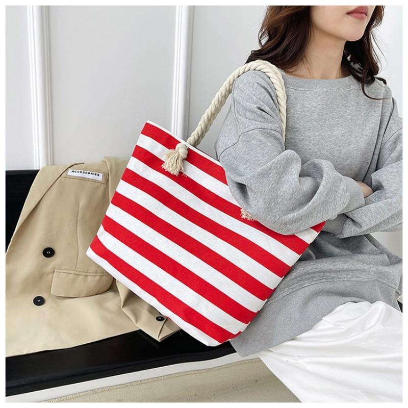 New Striped Large Capacity Shopping Bag Compilation Tote Bag