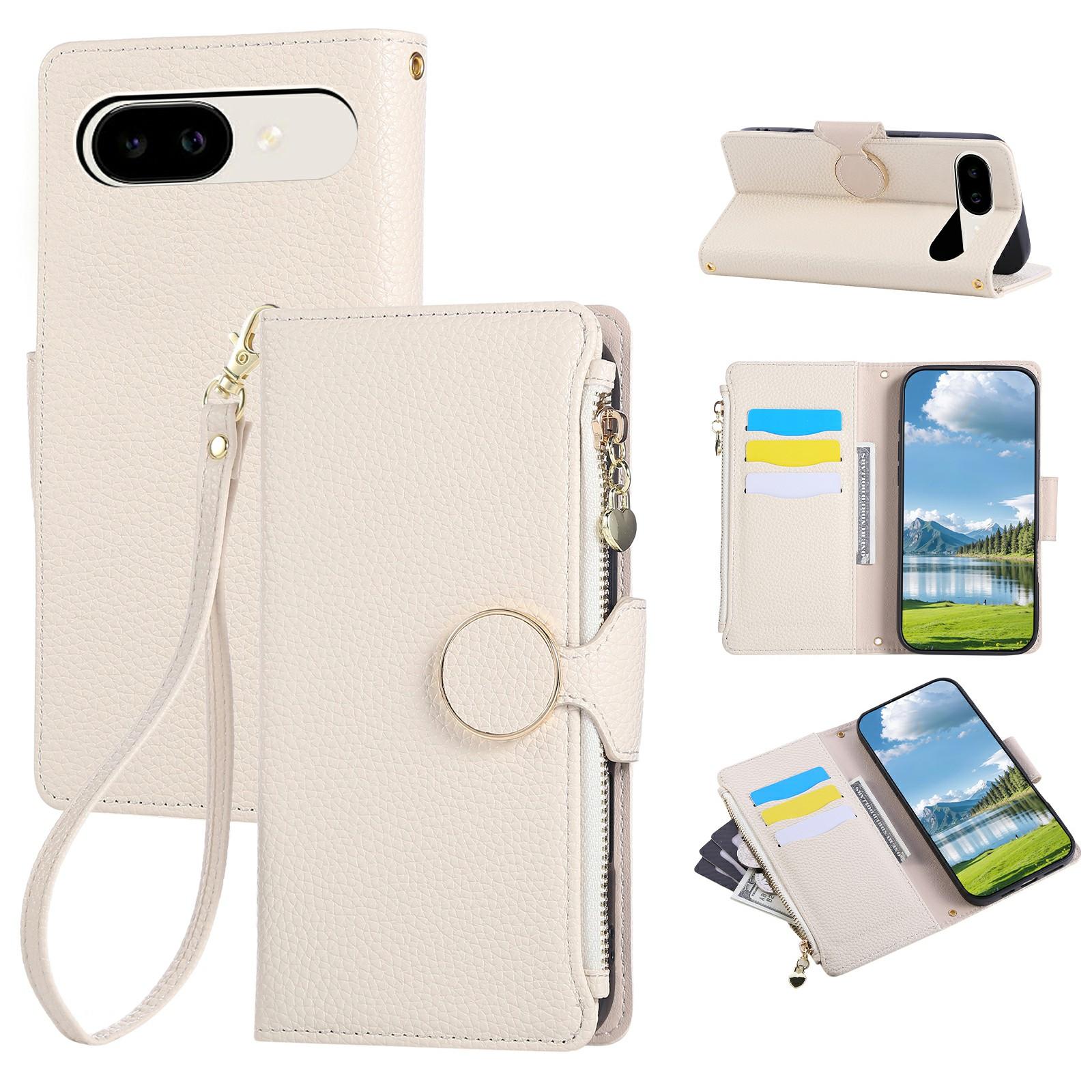 

For Google Pixel 9a Case Zipper Wallet Leather Phone Cover with Wrist Strap E