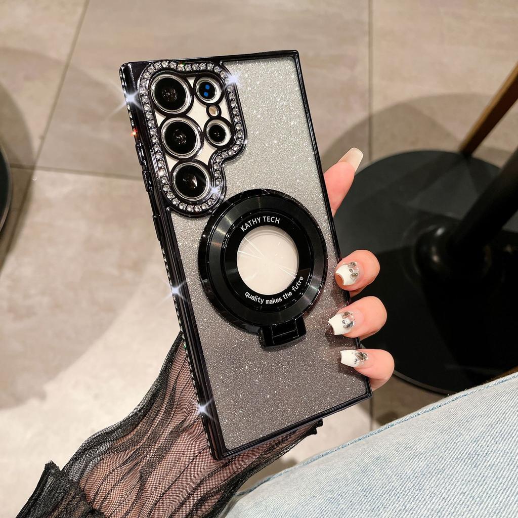 Suitable for Samsung S25 Ultra Mobile Phone Case Flash Powder Gradient Electroplated Rhinestone Magnetic Suction Bracket S24 Anti Fall A56