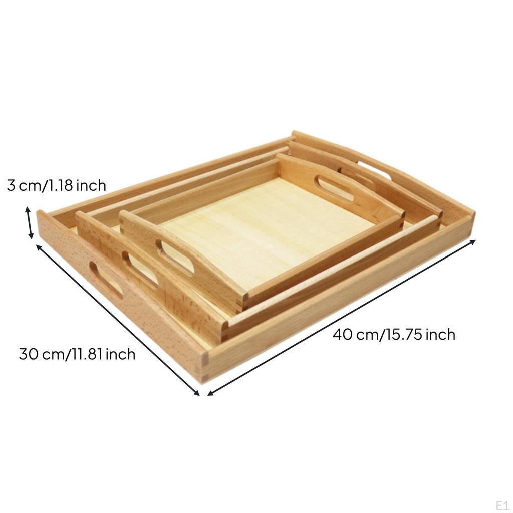 3 Pieces Developmental Learning Tray with Handles Beechwood Wooden Smooth